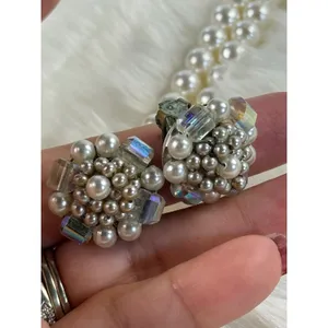 Vintage Japan Faux Pearl Double‎ Strand Necklace and AB Crystal Clip On Earrings thumbnail 8