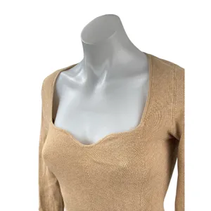 Aritzia Wilfred Womens Tan Ribbed Knit Sweetheart Long Sleeve Sweater Top Size M thumbnail 2