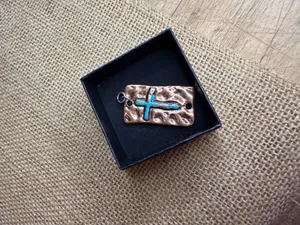 Turquoise-Inlaid Copper Cross Pendant With Rustic Textured Finish Handmade Recta thumbnail 2