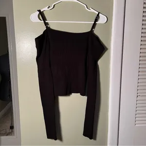 Forever 21 Women's Size Large Cold‎ Shoulder Sweater Black Ribbed Off Shoulder thumbnail 5