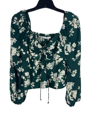 Abercrombie & Fitch Milkmaid Floral Top Green Cottagecore Puff Sleeve Smocked M thumbnail 1