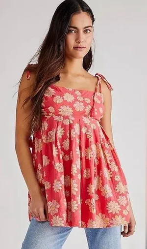 Free People Floral Babydoll Tank Top Size Small Pink Tie Strap Boho thumbnail 1