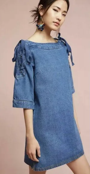 NEW Anthropologie Maeve Denim‎ Mini Shift Dress w/ Lace Up Shoulders Women’s S thumbnail 1