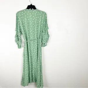 LULUS Green White Polka Dot Ruffled Sleeves Wrap Dress Size Medium Brunch thumbnail 2
