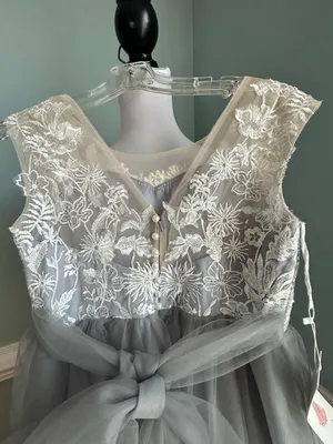 Embroidered Lace Bodice Tulle Maxi Dress in Light Gray and Ivory thumbnail 4