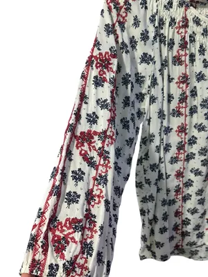 Boho Embroidered Tie-Front Peasant Top M 22” p2p White/Red & Navy Floral EU thumbnail 8