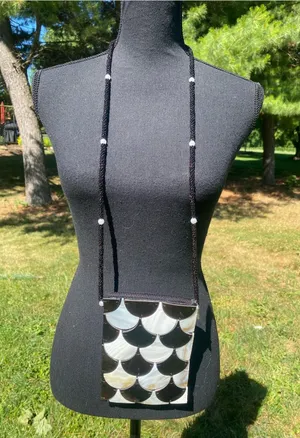 Black and Abalone Shell Tile Crossbody Bag by Mad Vintage Beaded Strap thumbnail 1