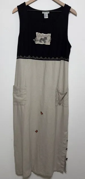 VTG 90s Studio Ease Women Linen Maxi Dress Black Tan Zebra Butterfly Embroidered thumbnail 1
