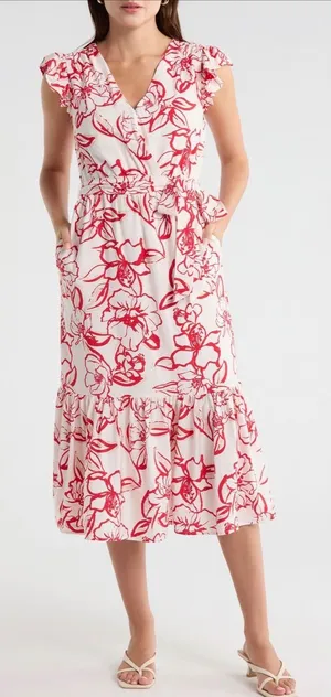 Sam‎ Edelman Petal Sketch V-Neck Maxi Dress Red White Floral Ruffle Size 10 NEW thumbnail 1