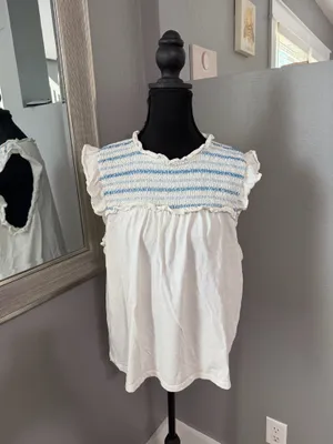 J.Crew smocked ruffle-sleeve embroidered Y2K babydoll cottage-core top size large. thumbnail 2