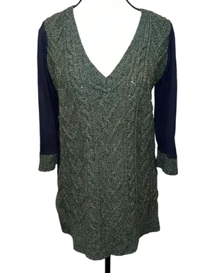 Pilcro and the Letterpress Dually Clad Wool Cable Knit Sweater Green/Navy Size L thumbnail 2