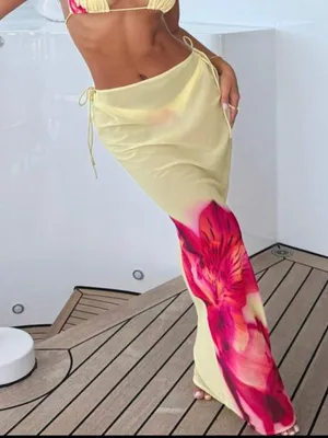 Mesh Printed Floral Maxi Skirt Yellow Size XS thumbnail 1