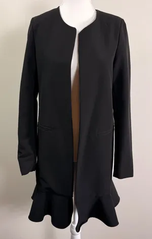 Lulus Womens Black Peplum Ruffle Hem Open Front Collarless Longline Blazer Small thumbnail 1