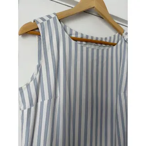Vintage Blue White Striped Sleeveless Midi Dress Button Shoulder Drop Waist thumbnail 8