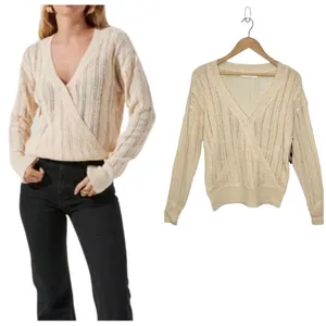 New ASTR Faux Wrap Pointelle Knit Long Sleeve Sweater Top Pullover Cream L thumbnail 3