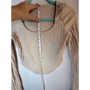 SHEIN Cropped Top Womens Size S Beige Ribbed Knit Square Neck Long Sleeve thumbnail 7