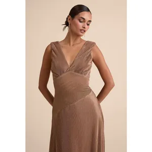 NWT Lulus Renee Light Brown Satin Plisse V-Neck Maxi Dress Gala Banquet Size S thumbnail 7
