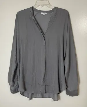 Anthropologie Maison d'amelie gray button front long sleeve blouse top large thumbnail 1