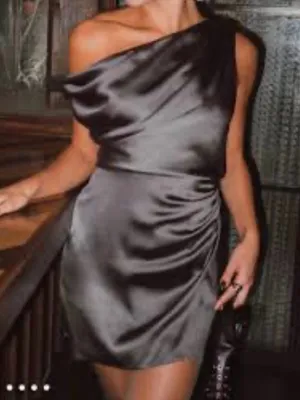 Show Me Your MuMu One-Shoulder Satin Mini Dress in Charcoal Gray thumbnail 9