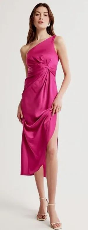 Abercrombie & Fitch One-Shoulder Satin pink Knotted Midi Dress Size XXS like new thumbnail 1