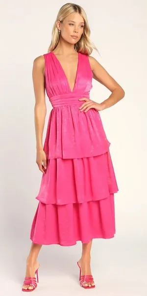New Lulus Peak‎ Party Vibe Hot Pink Satin Tiered Tie-Back Midi Dress Size S thumbnail 1
