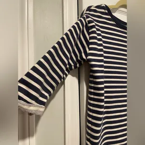 Gap Fit Size M Blue Cream Stripe Crew Neck 3/4 Sleeve Cotton Terry Sweatshirt thumbnail 5