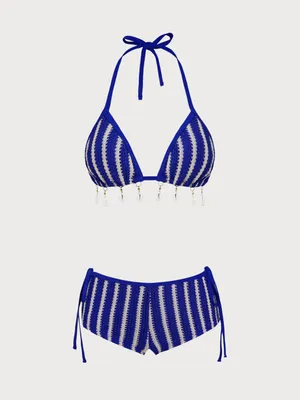 Samiol Blue Contrast Striped Beaded Shorts Bikini Set thumbnail 2