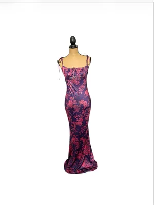 Marthea Floral Mermaid Maxi Dress M Purple Pink Bodycon Y2K Slip Spaghetti Strap thumbnail 3