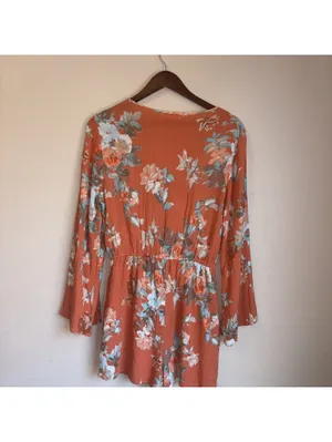 Altar'd State Floral Tie-Front Romper - Women's Size Medium - Long Bell Sleeve thumbnail 2