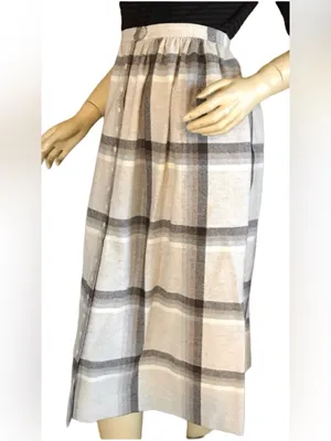 Vintage 1980'S Century Beige & Brown Plaid Wool Midi Skirt (12) thumbnail 5