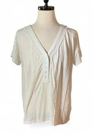 POL Short Sleeve V Neck Button Up Oversized Henley Tee Shirt White Ribbed Size S thumbnail 1