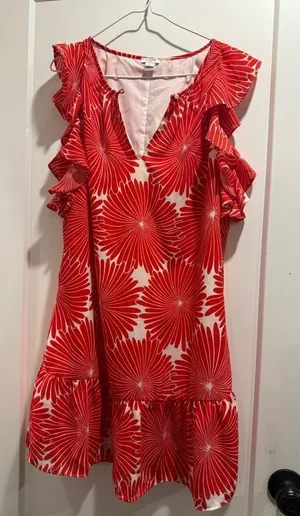 J. Crew poppy red Floral Poly‎ Ruffle Tunic Dress M thumbnail 1