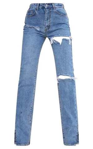 PrettyLittleThing Ripped High Waist Split Hem Jeans, Blue, Size 2 Tall, EUC thumbnail 5