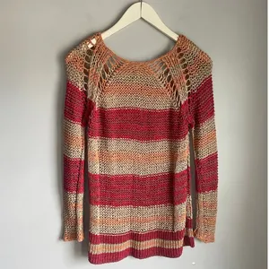 Free People Desert Moon Slouchy Fisherman‎ Open Knit Sweater Pink Striped XS thumbnail 3