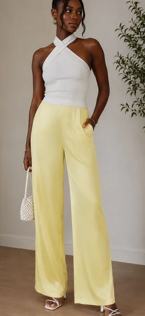 Handmade Butter Yellow Satin Palazzo Pants Wide Leg High Rise Cottagecore Size 2 thumbnail 1