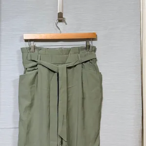 Zara TRF Sage Green Paperbag Waist Tapered Cuffed Pants Small Tie Belt High Rise thumbnail 4