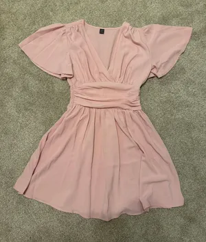 SHEIN Light Blush V-Neck Mini Dress with Flutter Sleeves thumbnail 1