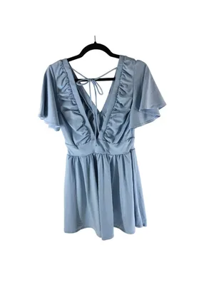 Halara V Neck Tie Back Short Sleeve Flowy Mini Babydoll Dress Light Blue S thumbnail 4