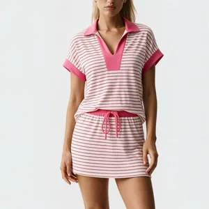Fisoew Striped 2-Piece Knit Set Large Pink/White Collared Top Drawstring Skort thumbnail 2