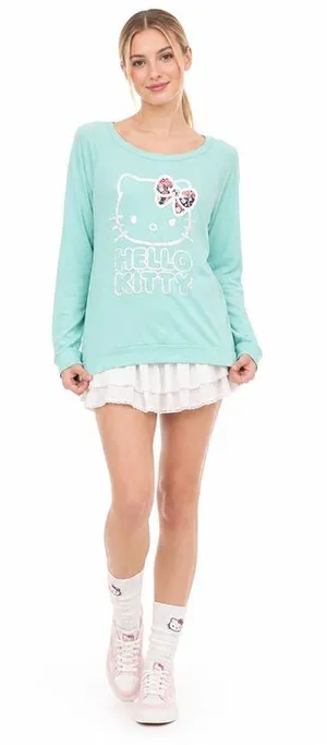 Hello Kitty Mint Green Long Sleeve Sweatshirt Floral Bow Sanrio Kawaii M 2014 thumbnail 1
