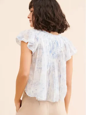 Free People FP One Printed Padma Top White Blue Toile Pattern Crop Blouse Top S thumbnail 3