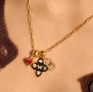18K Gold Romance Red Heart Pendant Butterfly Flower Charms Necklace Removable charms thumbnail 3