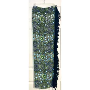 Wayan Natural Wear Sarong Cover Up Lime Green Blue Mandala Fringe Scarf Festival thumbnail 3