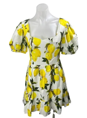 English Factory White Yellow Lemon Short Puff Sleeve Fit & Flare Mini Dress S thumbnail 1