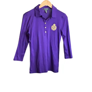 Lauren‎ Ralph Lauren Purple 3/4 Sleeve Polo Shirt Gold Crest Embroidery M thumbnail 3