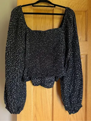 A New Day Black Polka Dot Ruched Balloon Sleeve Crop Blouse Women’s Size XL thumbnail 7