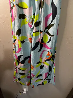 A New Day Blue Tropical Floral Linen Rayon Wide Leg Pull On Vacation Pants thumbnail 4