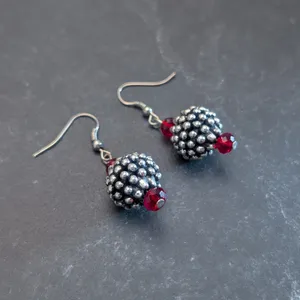 Vintage Hook Dangle Earrings Glam Silver Tone Studded Ball with Red Accent Bead thumbnail 3