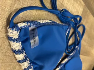 Zaful Striped Blue & White Crochet Tie-Side Bikini thumbnail 3