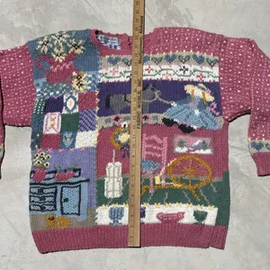 Vintage Hand Knitted Cardigan Sweater SZ L Cottagecore Antiques Farm House Pink thumbnail 8